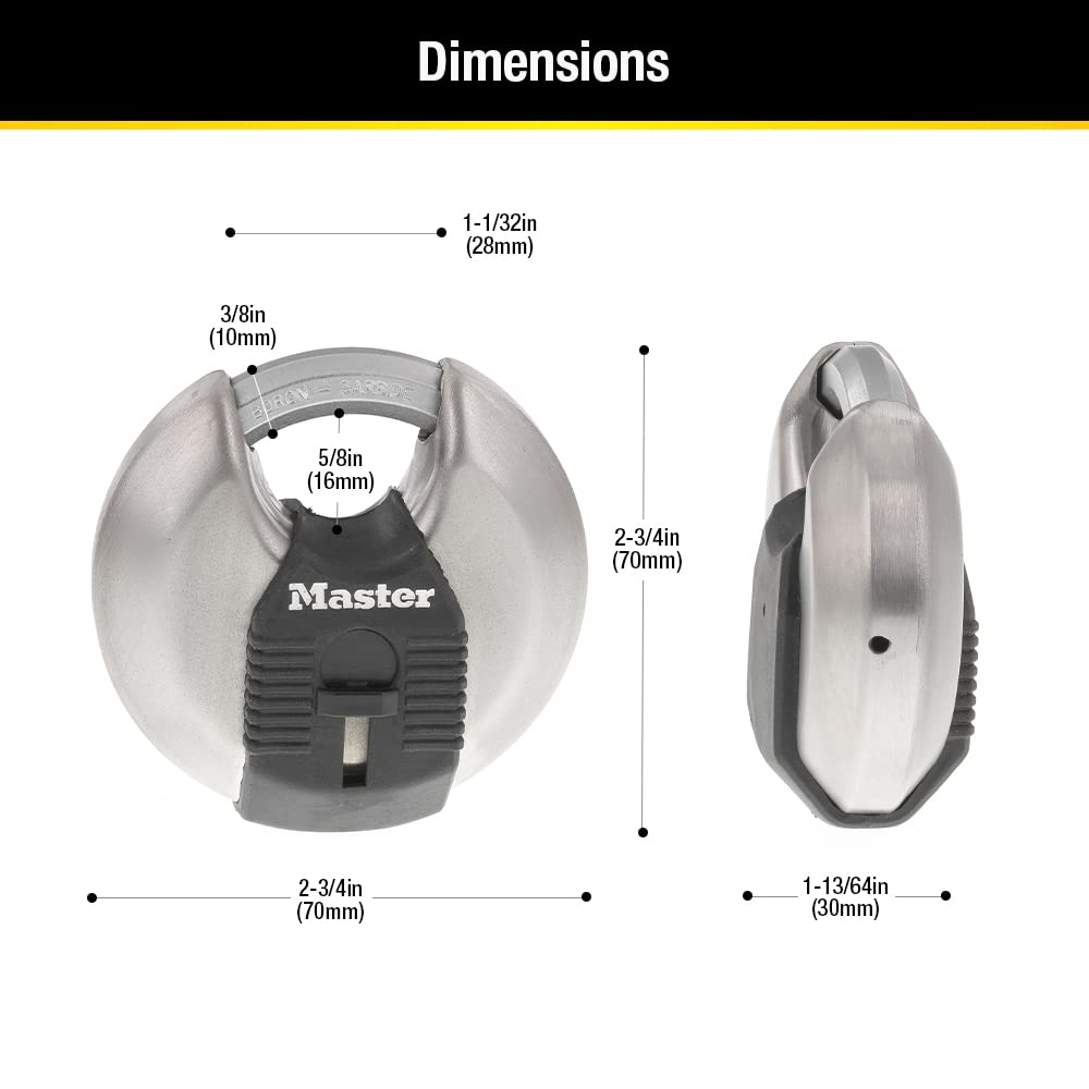 Master Lock Magnum Heavy Duty Stainless Steel Discus Padlock with Keys, Keyed Alike Heavy Duty Storage Lock for Indoor or Outdoor Use, 2 Pack, ‎M40XTCCSEN