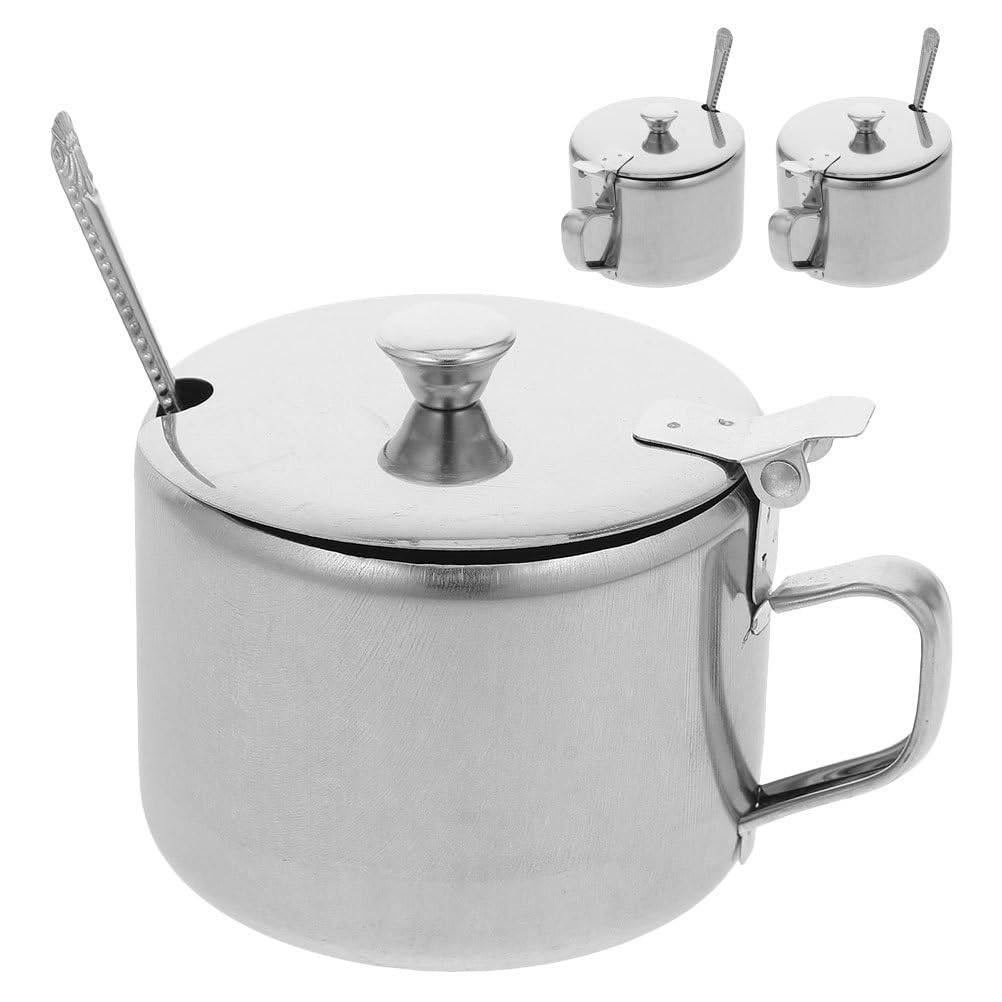 DEARMAMY Stainless Steel Sugar Bowl Set with Lid and Spoon 3-Piece Sugar Container for Kitchen Countertop Storage Holds Salt Pepper Spice 3.93 X 3.14 X 2.67 in
