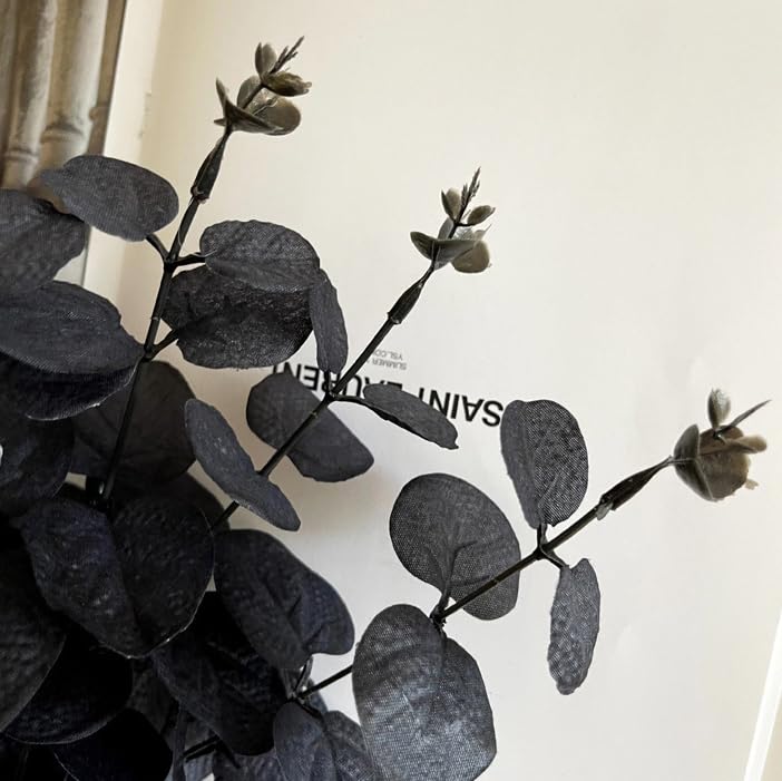 Tinsow 5 Pcs Black Artificial Eucalyptus Stems Faux Eucalyptuses Branches Black Leaf Halloween Centerpiece Halloween Home Decor (Black, 5)