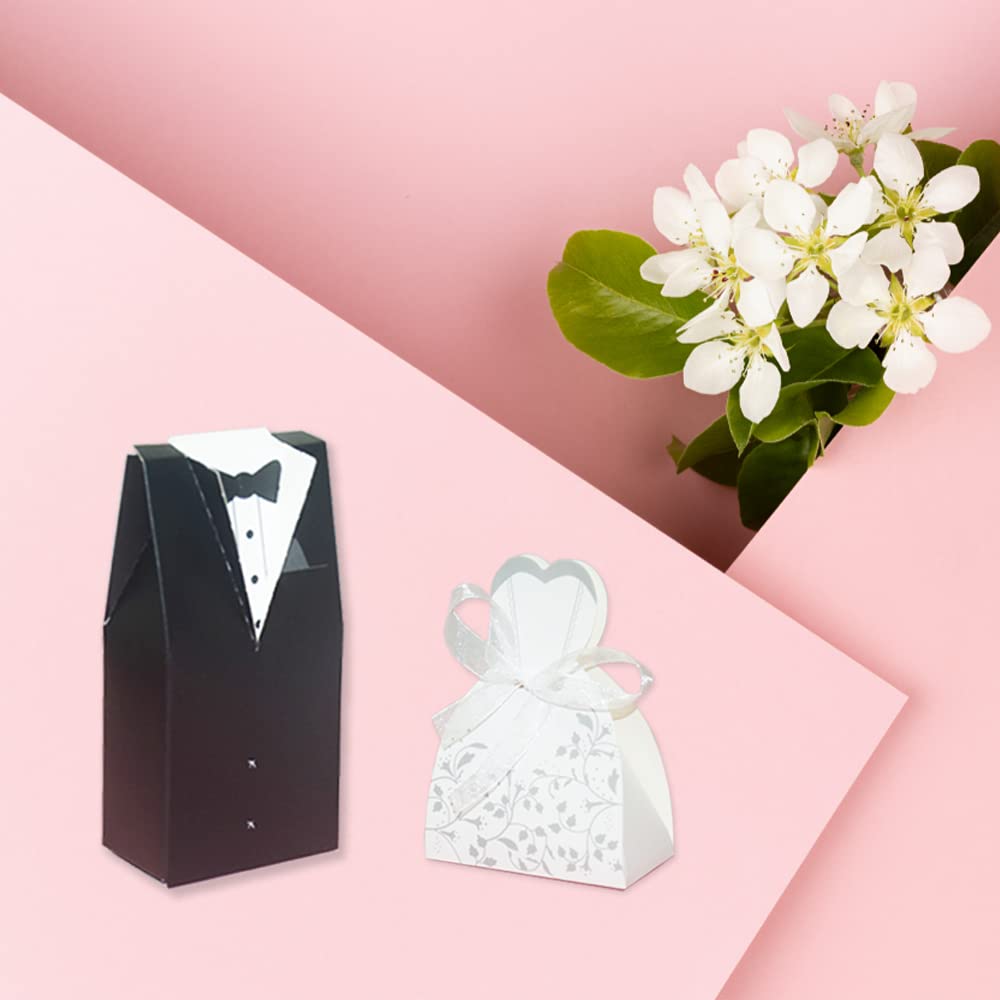 KAKABUQU 100 Pcs Wedding Favor Boxes - Romantic Party Cardboard Candy Boxes With Bride and Groom Dress Design for Chocolate Gifts, Bridal Shower Decoration Supplies