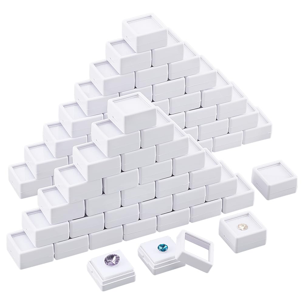 BENECREAT 70pcs White Gemstone Display Box, Plastic Transparent Bare Stone Box Square Gem Box 1.2x0.63 Inch for Gemstone, Jewelry, Crystal Diamond Accessories Display