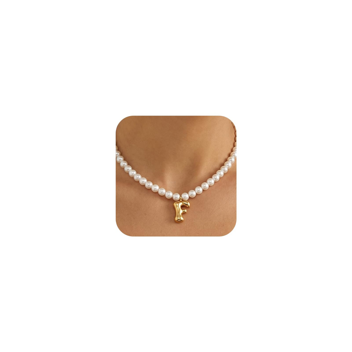 DoDoBeads Pearl Initial Necklace, 18K Gold Plated Stainless Steel Balloon Letter Pendant F, Non-Tarnish Waterproof Chunky Monogram Jewelry Gifts for Women Teens