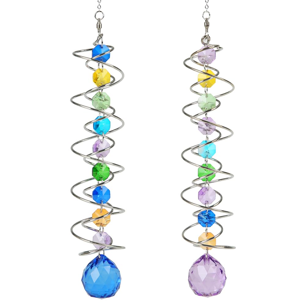 Sun Catchers, 2pcs Gazing Ball Spiral Tail Wind Spinners Crystal Suncatcher Prism Hanging Crystals Rainbow Maker for Windows Indoor Outdoor Garden Car Decorations Christmas Party Gifts for Girls Women