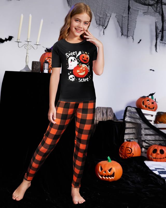 MyFav Womens Pajamas Halloween Sleepwear Family Matching Short Sleeve Adult Nightwear Black Orange,M