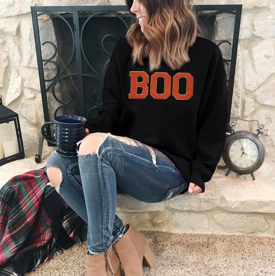 MYHALF Halloween Sweatshirt for Women Boo Embroidered Sweaters Cute Spooky Season Shirt Long Sleeve Fall Winter Pullover Tops Black