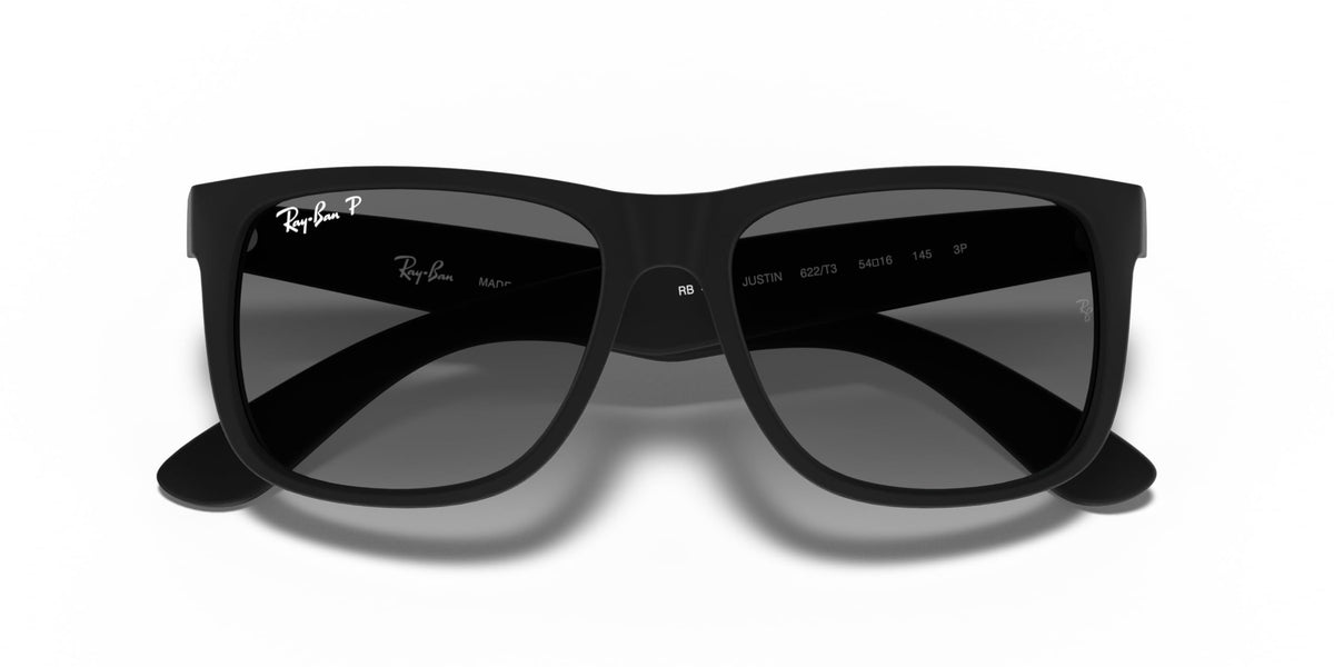 Ray-Ban RB4165 Justin Rectangular Sunglasses, Rubber Black/Polarized Light Grey Gradient Grey, 55 mm