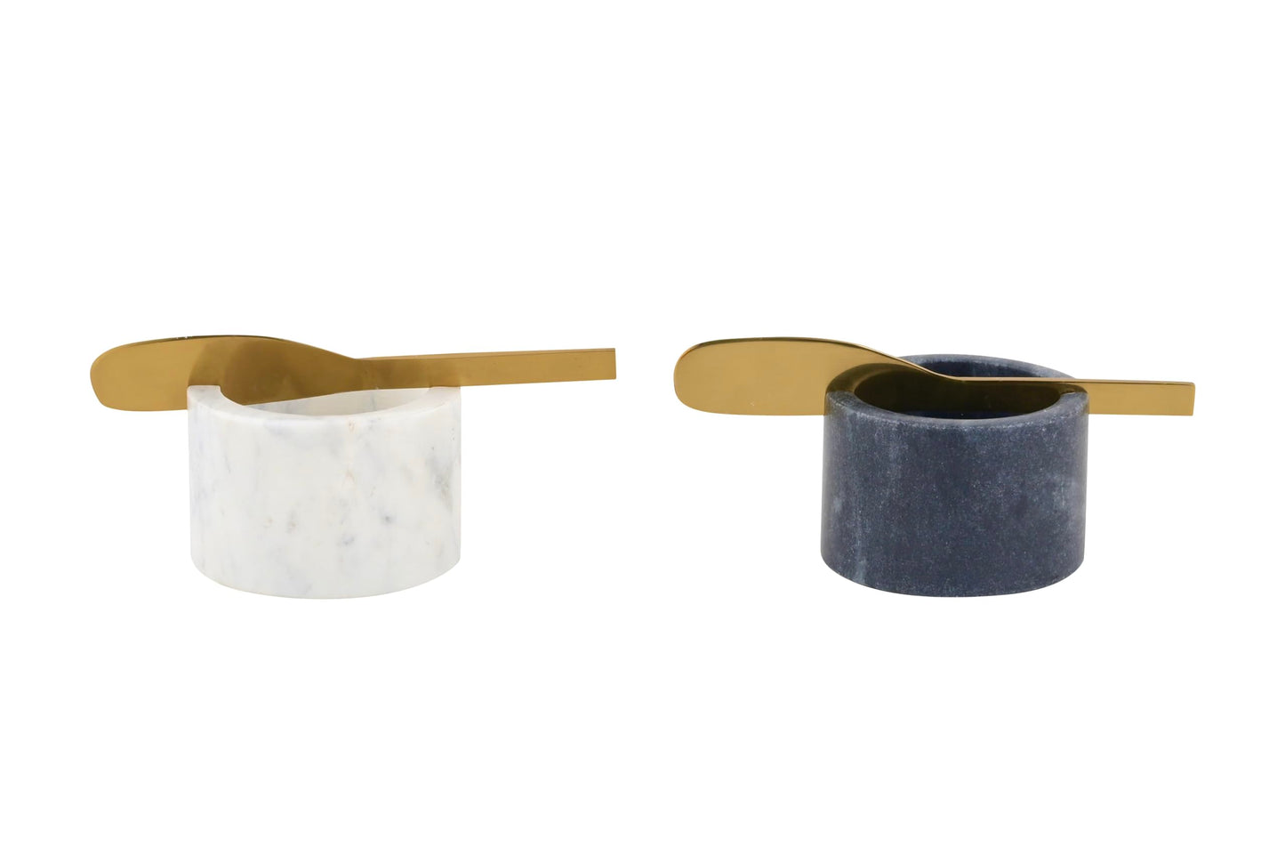 Cruiser’s Caché | Butter and Jam Serving Crocks with Gold Knifes | One each White and Gray Marble | For Serving Butter, Jams, Condiments, and Spreads