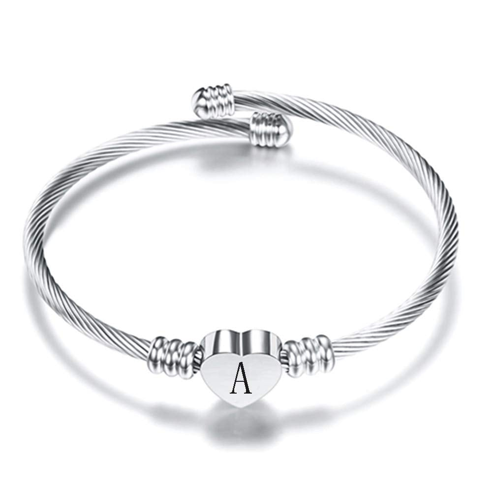 VQYSKO Silver Heart Initials Bracelet-A-Z Stainless Steel Engraved Charm Bracelet, Woman Jewelry Birthday Festival Gift (Silver A)