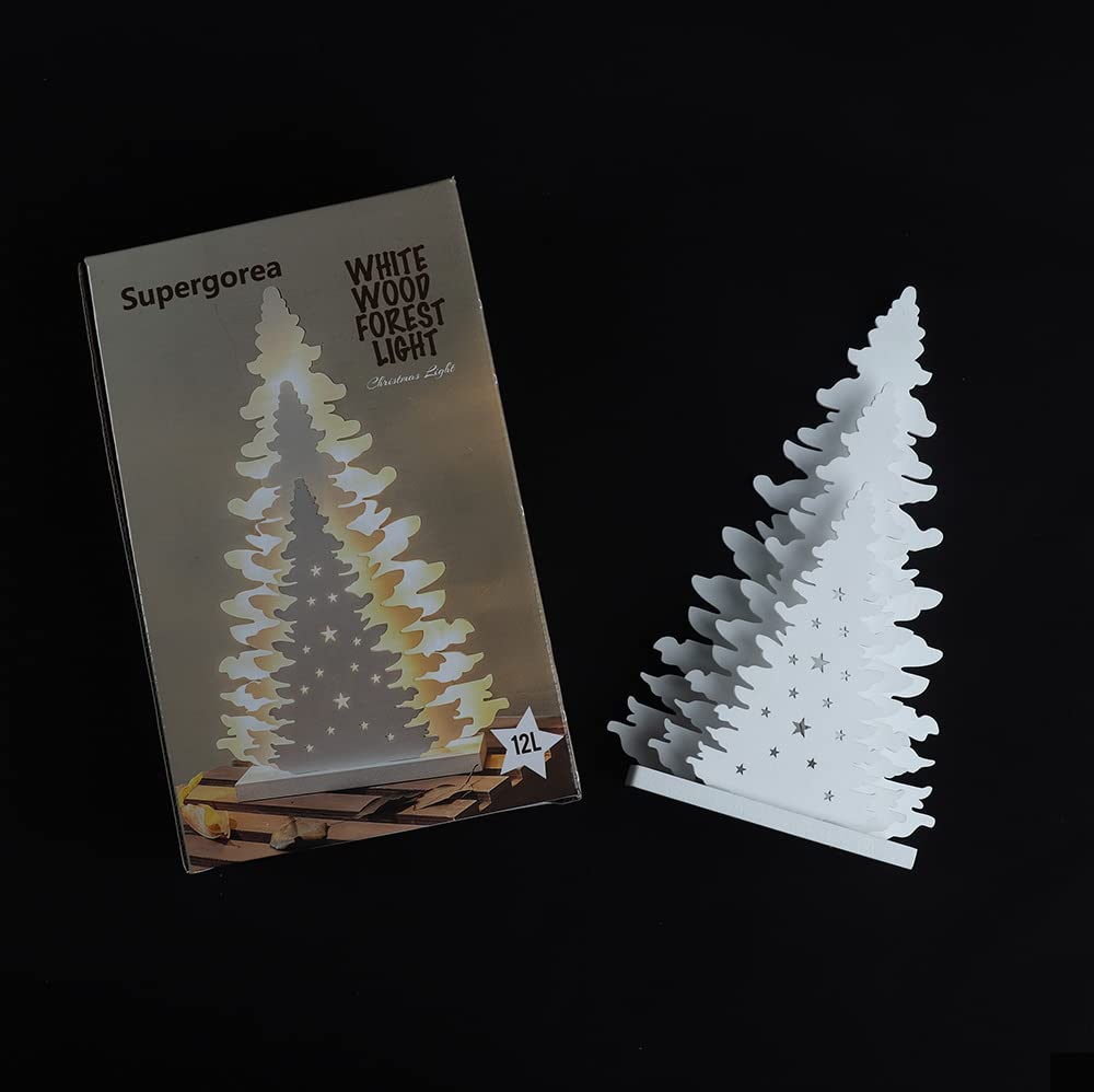 Supergorea Wooden Christmas Tree Tabletop Decor, LED Wood Craft Christmas Trees Light 2AA Battery Powered 10 inch for Xmas Home Decorations(Indoor)