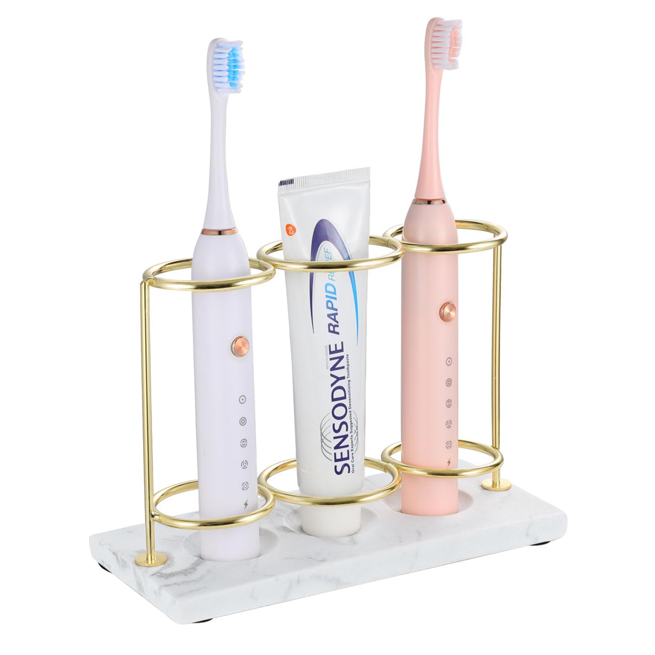 Emibele Electric Toothbrush Holder, 3 Slots 2-Layer Resin Electric Toothbrush Holder Bathroom Toothpaste Razor Storage Non-slip Organizer for Bathroom Toothbrush Toothpaste Cleanser, Gold Marble White