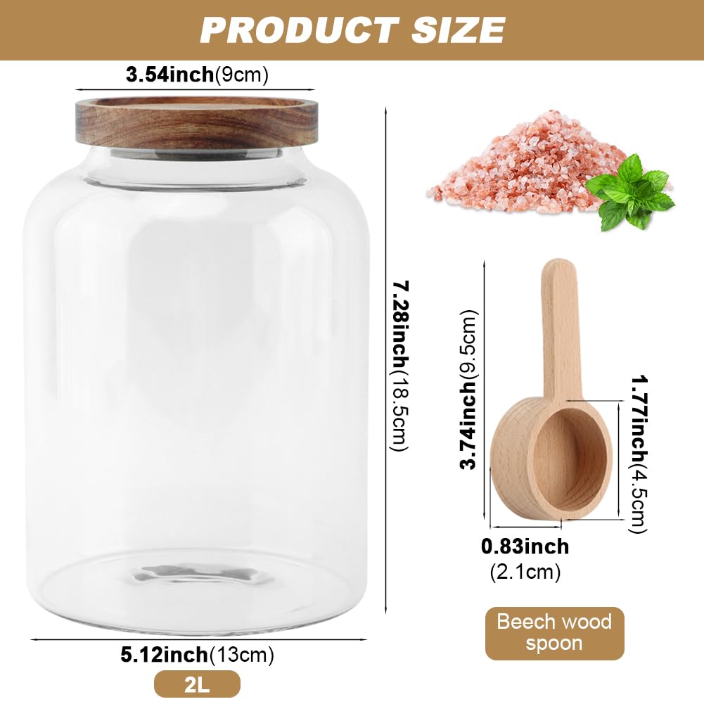 Meluvora Bath Salts Glass Jar, Bath Salt Container with Wooden Lid and Scoop, Glass Food Storage Jars for Home Decor,Tea,Spice,Cereal, Egg,Flour,Coffee(73 oz,Clear)