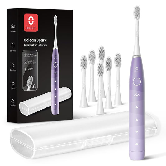 Oclean Electric Toothbrush for Adults, 150 Days Battery Life Electric Toothbrush, USB Rechargeable Sonic Travel Toothbrush with 6 Brush Heads & Travel Case, 5 Modes and Smart Timer