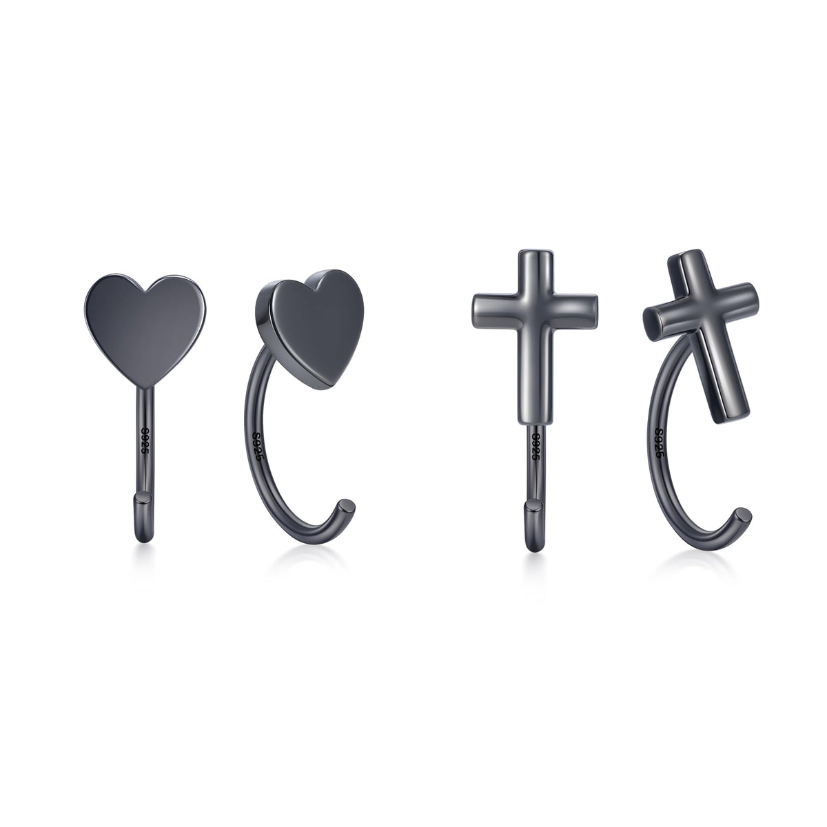 CHIC & ARTSY Backless Earrings for Women 925 Sterling Silver Half Huggie Hoop Earrings Ardant Stay Close Hoops Black Loving Heart & Cross No Back Earrings Set Everyday Earrings