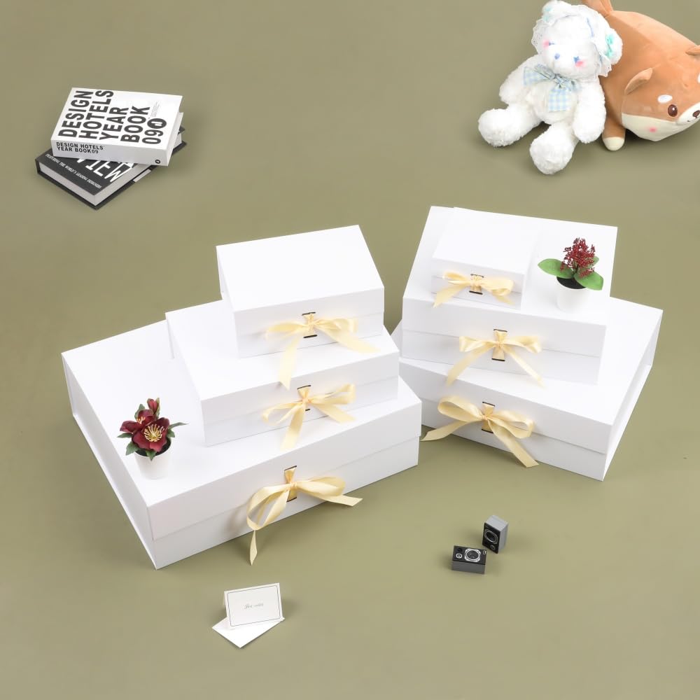 BoxSkivra White Extra Large Gift Box with Lid 1 Pack 19x16x6 Inch Large Gift Boxes with Crinkle Paper & Card Magnetic Gift Box with Ribbon for Wedding Dress