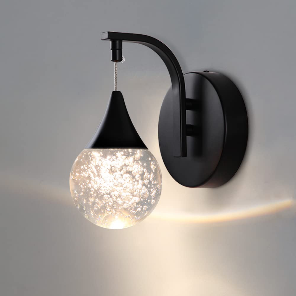 Sedelan Modern Crystal Bubble Wall Sconce, 5W Dimmable LED Wall Light Fixture, 3300K Warm White Indoor Wall Lighting, Matte Black for Bedroom Bedside Living Room Bathroom Hallway