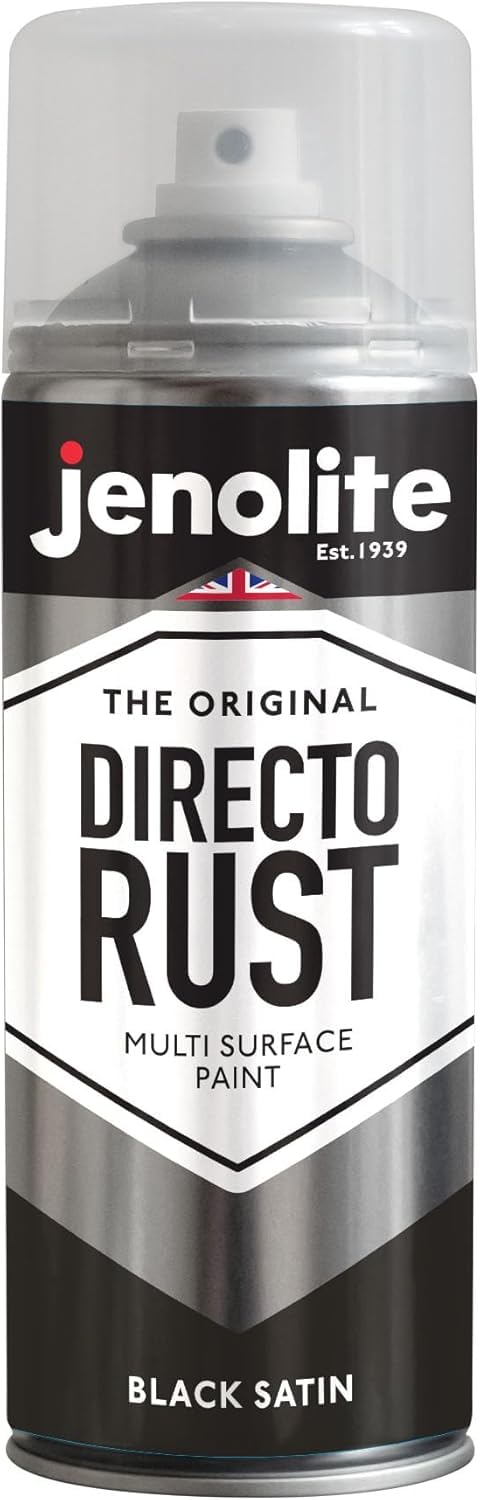 JENOLITE Directorust Spray Paint Satin Finish | BLACK | 400ml | Direct To Rust Spray Paint For Metal | All-In-One Multi Surface Paint for Metal, Wood, Plastic, Ceramic | RAL 9005