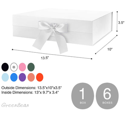 GREEN BEAN Large Gift Box with Lid for Presents 13x9.7x3.4 Inches, White Magnetic Gift Box with Ribbon, Bridesmaid Proposal Box, Luxury Gifts Box (Glossy White)