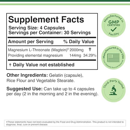 Double Wood Magnesium L Threonate Supplement | 120 Capsules (30 Servings) High Strength Magnesium L Threonate (4 per Serving) 2000mg