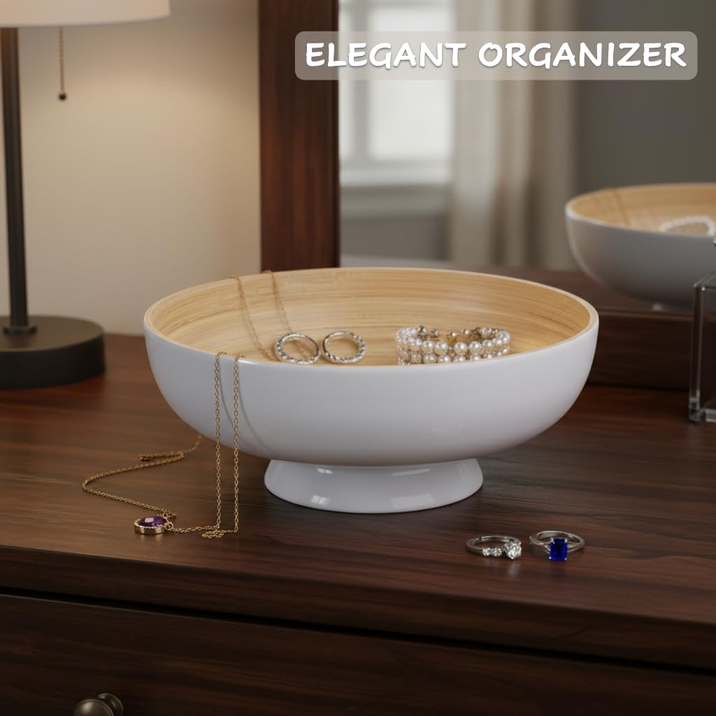 PEMAR 10" Lacquer Bamboo Fruit Bowl for Kitchen Counter, Handmade Large Decorative Pedestal Bowl for Entryway Table Home Decor, Key Bread Candy Snacks Organizer (White Cream)