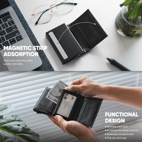 VULKIT Credit Card Holder RFID Blocking Leather Bifold Mens Wallet Automatic Pop Up with Banknote Compartment (Origin Black)