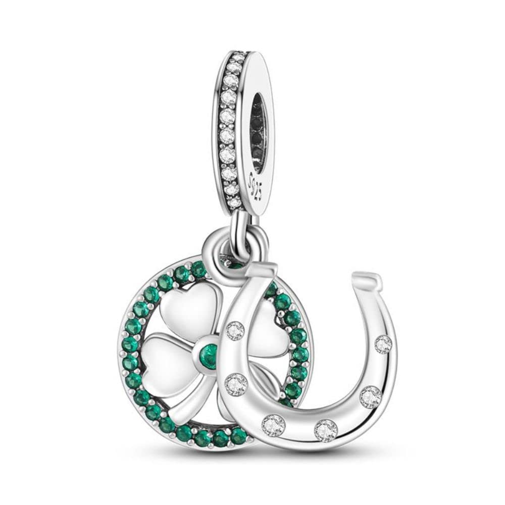 925 Sterling Silver Lucky grass horseshoe Dangle Bead Charm Silver Pendant,Jewelry Beads Gifts for Women Bracelet&Necklace
