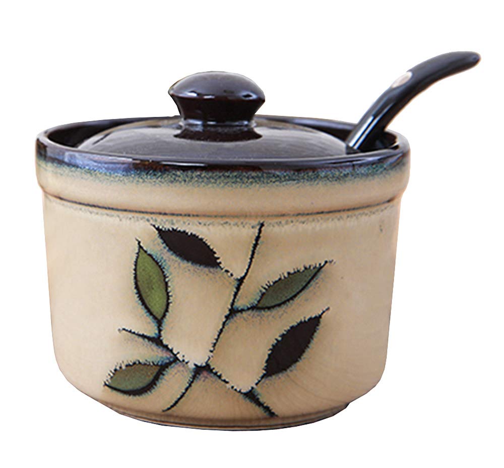 Ceramic Retro Flower Sugar Bowl Storage Jar Seasoning Pot with Spoon