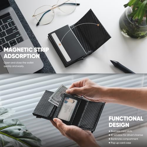 VULKIT Credit Card Holder RFID Blocking Leather Bifold Mens Wallet Automatic Pop Up with Banknote Compartment (Carbonfiber)