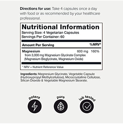 3000mg High Strength Magnesium Glycinate Supplements - 20% Purified to Contain 600mg of Elemental Magnesium