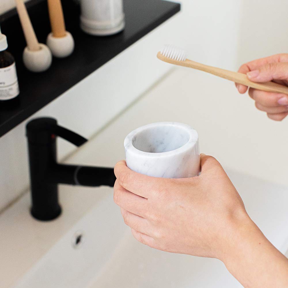 JIMEI Natural Marble SPA Collection Tumbler Toothbrush Holder Makeup Brush Holder Bathroom Countertop Organizer