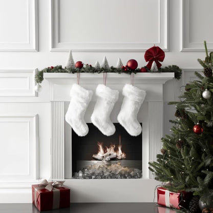 AISENO 2 Pack 18 Inch Snowy White Christmas Stockings Faux Fur Christmas Stockings Hanging Ornaments Candy Gift Bags for Christmas Decorations
