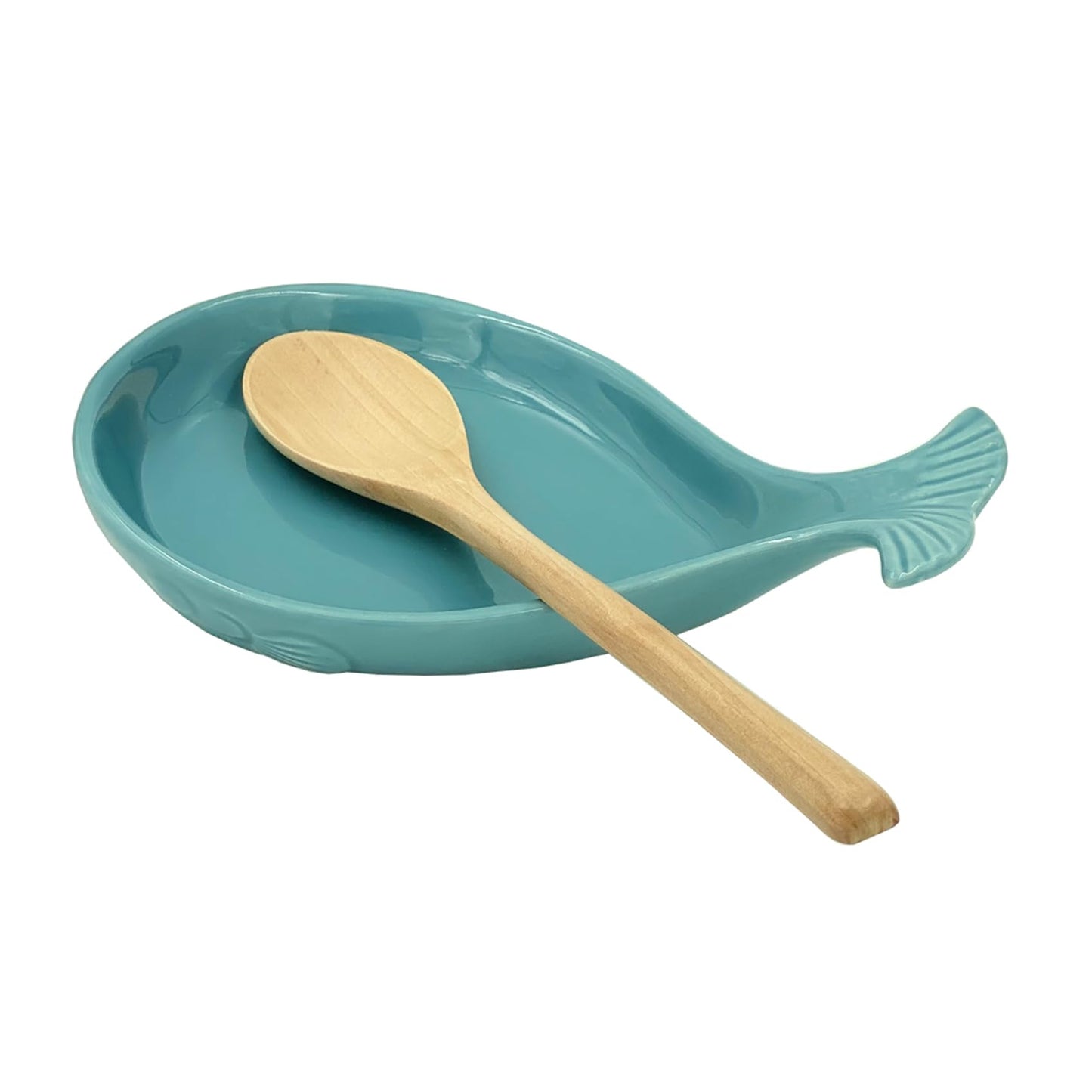 WSKC Ceramic Spoon Rest for Kitchen with Wooden Spoon, Whale Shape, 4.8W X 7.8L