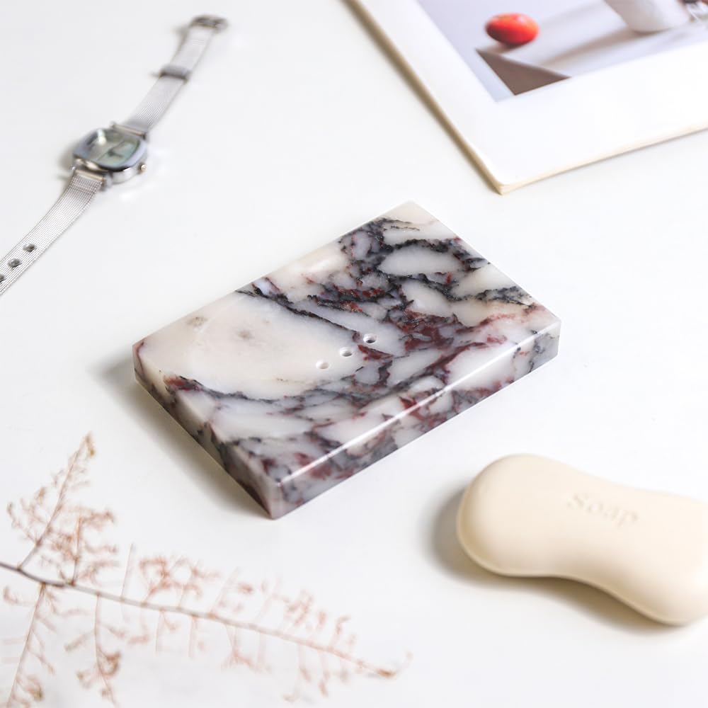 Luxurious Natural Marble Soap Dish Tray Marble Soap Holder Trinket Plate for Bathroom Sink Kitchen Countertop Bedroom Vanity Bathroom Accessory Rectangular (2 Pack)