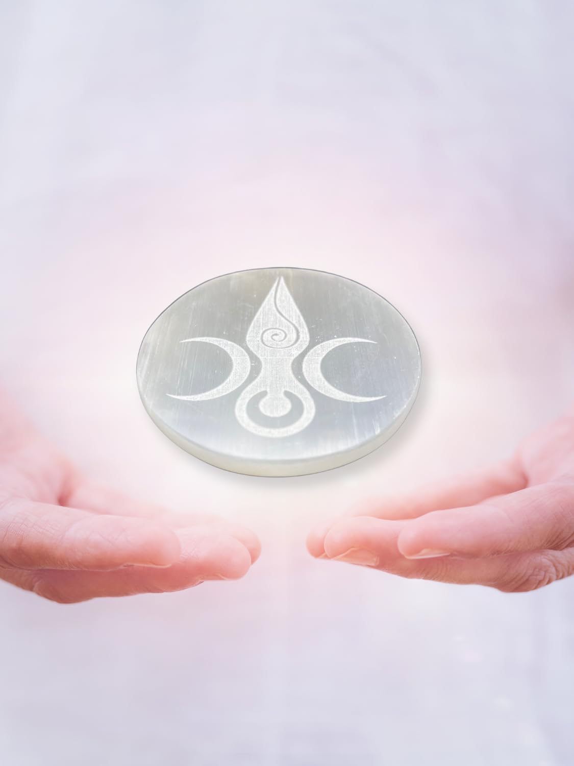 Selenite Crystal Charging Plate for Crystals and Healing Stones, 4" Selenite Crystal Plate Engraved Goddess Moon Coaster for Home Office Table Decor