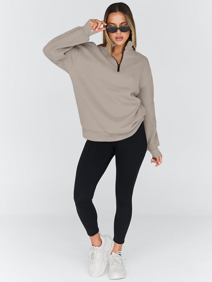 Trendy Queen Womens Oversized Sweatshirts Fall Sweaters Fashion Hoodies Half Zip Pullover Long Sleeve Shirts Clothes 2025 CoffeeGrey M