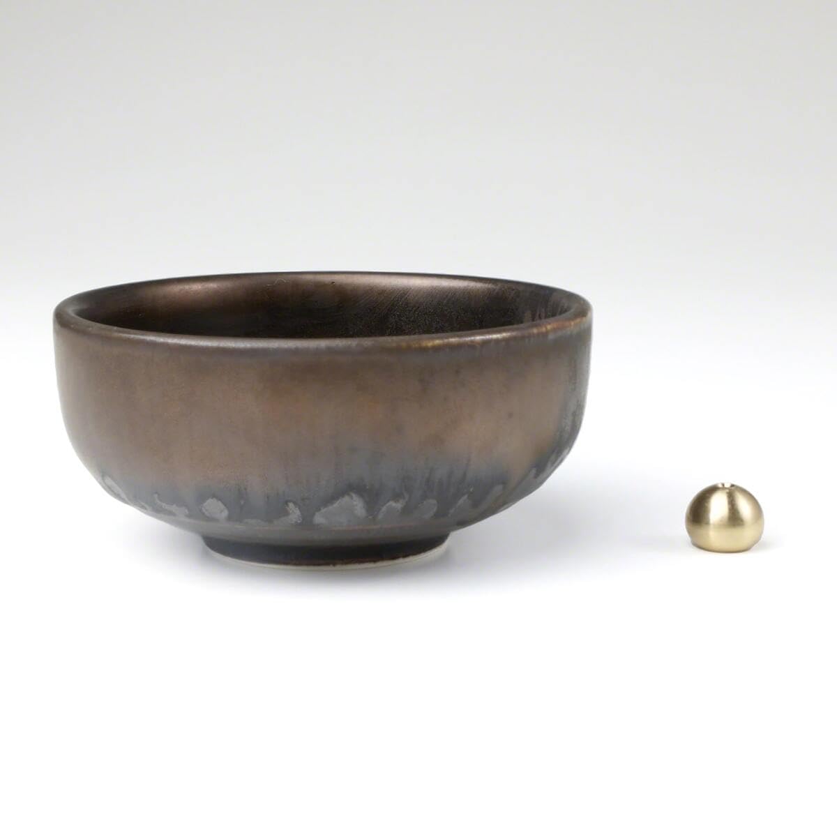 Asayu Japan Zen Incense Holder – 3.9" (100 mm) Ceramic Incense Bowl with Brass Burner, Made in Japan Mino Ware, Modern Wabi-Sabi Style in Metallic Black, Brown & Gold
