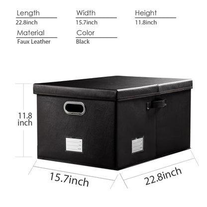 PRANDOM Collapsible Storage Box with Lid [3-Pack] Leather Fabric Foldable Storage Bin Organizer Container Basket Cube with Cover for Home Bedroom Closet Office Nursery Black(22.8X15.7X11.8)