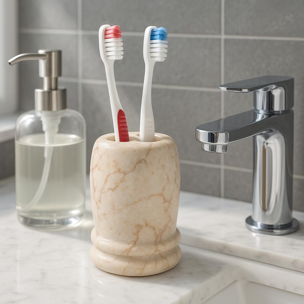 Creative Home Marble Toothbrush Holder, Natural Champagne Beige Double Ring Design, Hand Polished Finish, Weighted Stone & Water Resistant, 3-Slot Bathroom Countertop Organizer for Makeup Brushes