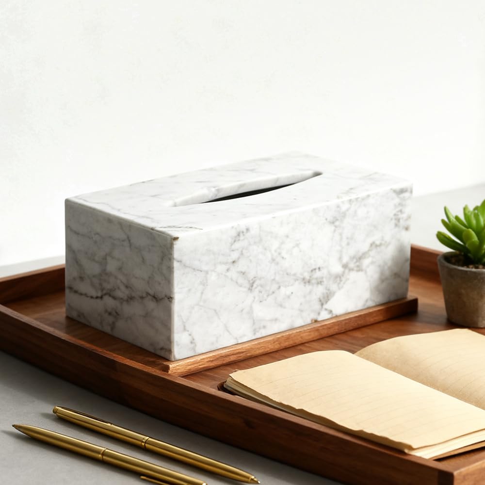 Elegant Marble Tissue Box Cover for Living Room, White Tissue Box Holder Rectangular, Decorative Stone Tissue Box Cover for Bathroom Vanity Office Countertop