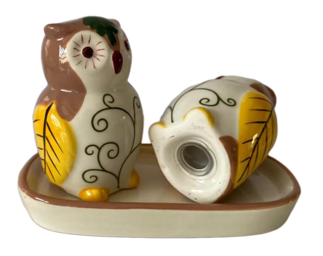 Ceramic Owl Salt and Pepper Shakers, 2-Piece Set | Spice Dispenser Storage Canisters - Brown