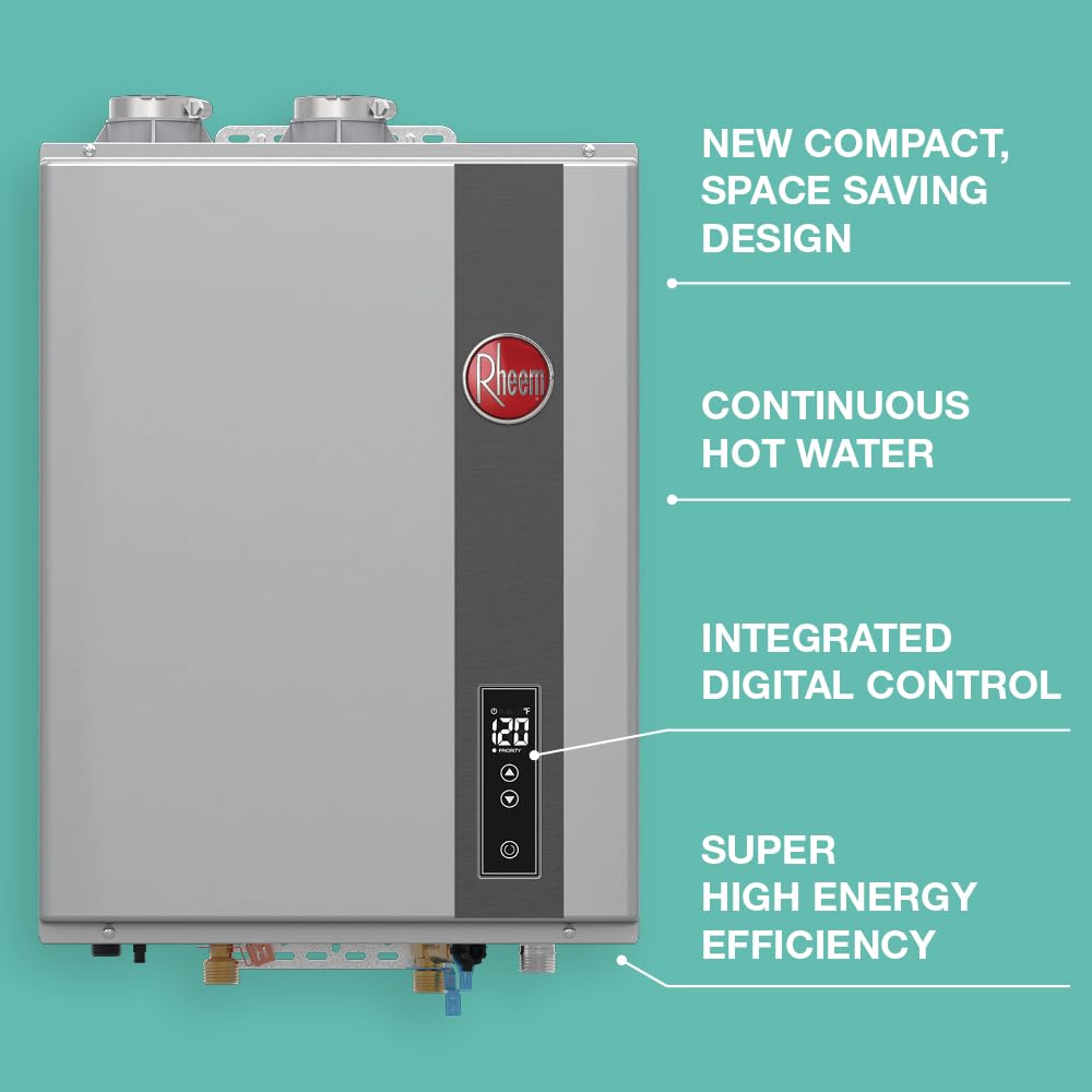 Rheem Natural Gas Condensing Tankless Water Heater Indoor Up To 9 GPM, 180,000 BTUs Continuous Super High Efficient Hot Water