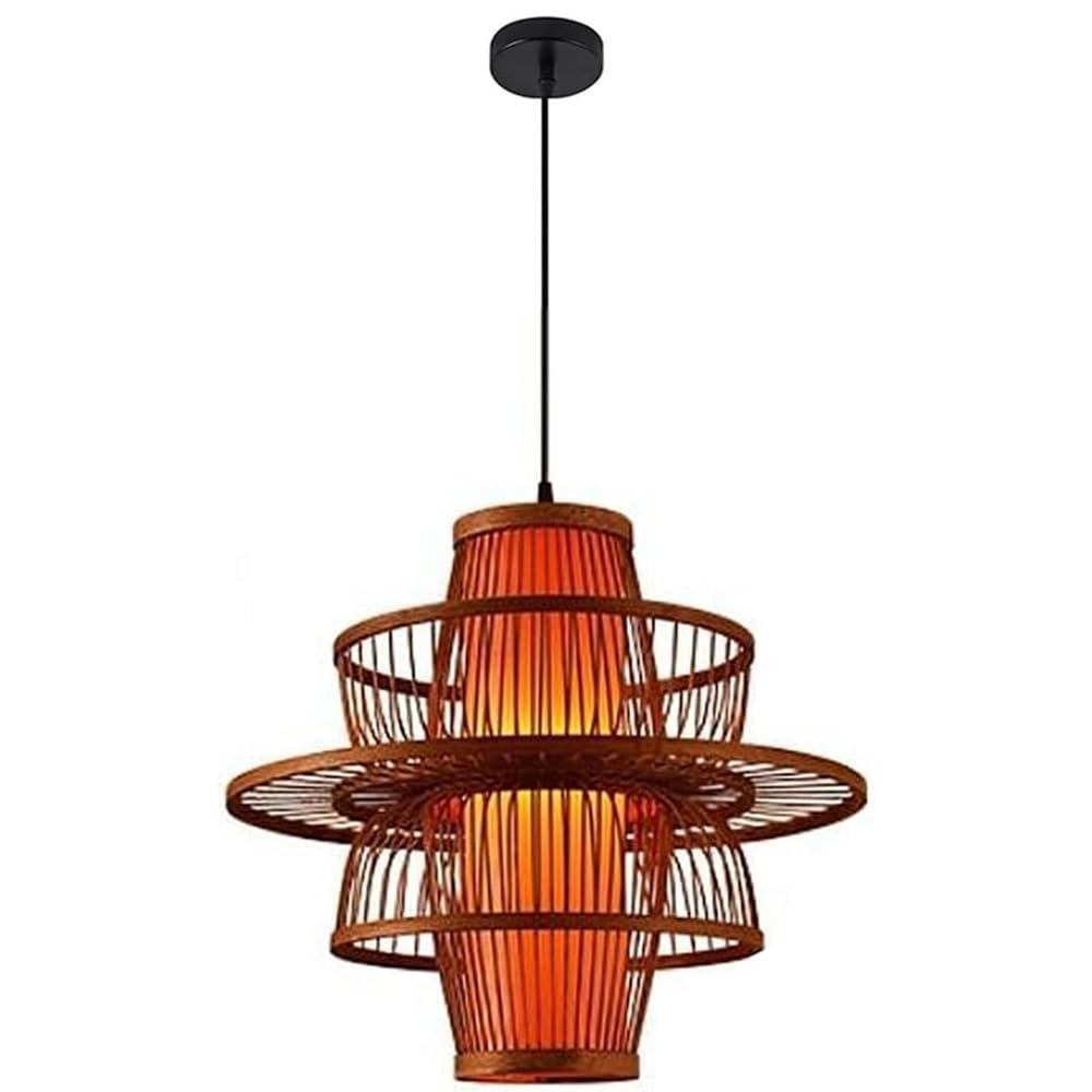 HAIIQU Traditional Antique Bamboo Pendant Light Chinese Bird Cage Hanging Ceiling Lamp with Red Imitation Parchment Lampshade Large Wicker Restaurant Cafe Corridor E27 Decor Light Fixture 17.7"
