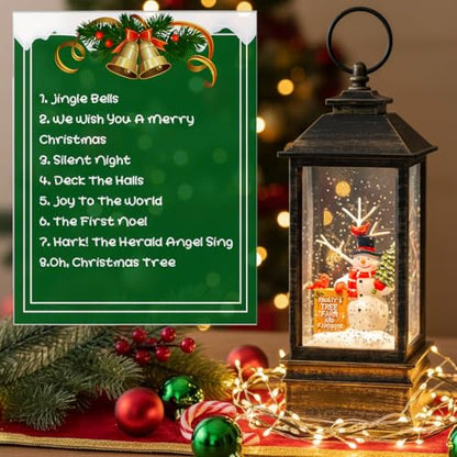 10" Christmas Snow Globe Lantern with Farm Snowman，Lighted Swirling Glittering Snow Globes with Music & Timer, Christmas Decorations for Home Tabletop Indoor