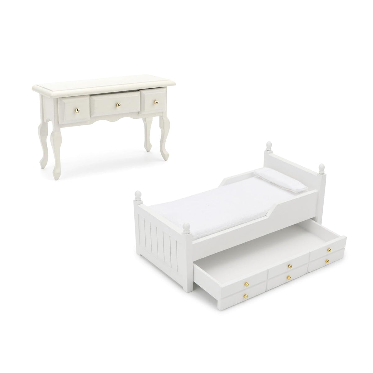 Miniature Table 1:12 Furniture & Dollhouse Miniature Bed with Drawer 1:12 Wooden Furniture European Bedroom Bedding Furniture Accessories with Pillow & Mattresses