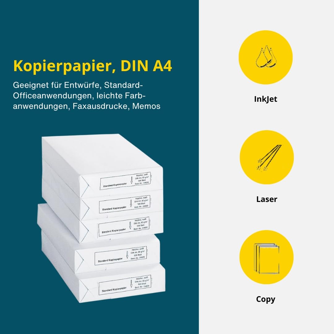Schäfer Shop Copy Paper A4, 80 g/m² Printer Paper, Laser, Inkjet, Fax Paper, 2500 Sheets, 5 Packs of 500 Sheets, White