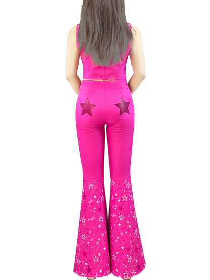Naywig Cowgirl Outfit 70s 80s Hippie Disco Costume Pink Flare Pant Halloween Cosplay For Women Girls-X-Large