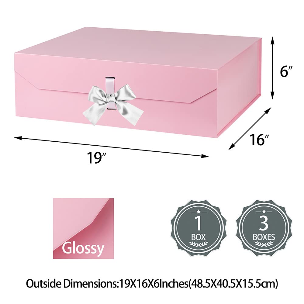 GoooodGift Extra Large Pink Gift Box with Ribbon 19x16x6 Inches, Gift Box with Lid Magnetic Closure, Groomsman Proposal Box, Rectangle Collapsible Gift Boxes for Wedding Dress(Pink)