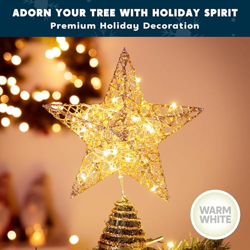 Joiedomi 8 inch Christmas Gold Glitter Star Tree Toppers Metal Lighted with 20 LED Lights for Xmas Decorations, Holiday Party Indoor Decor