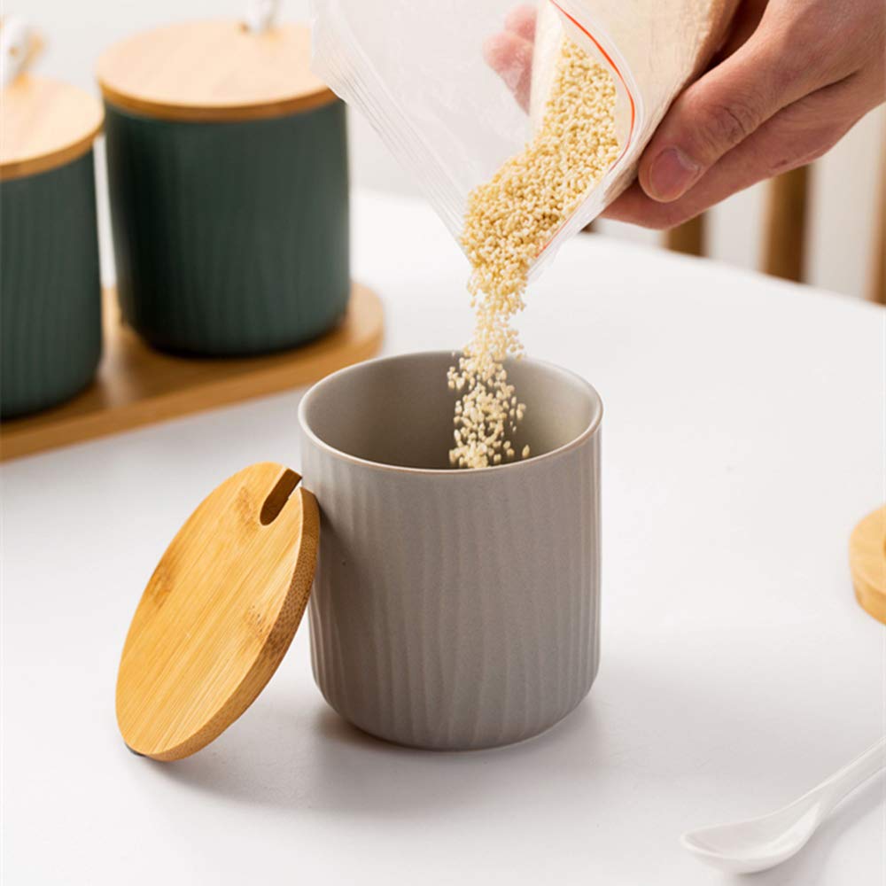 OnePine Set of 2 Ceramic Sugar Bowl 300ml Ceramic Spice Jar Condiment Pots with Bamboo Lid and Ceramic Spoon for Home and Kitchen, Height 3.93 inch,White and Gray