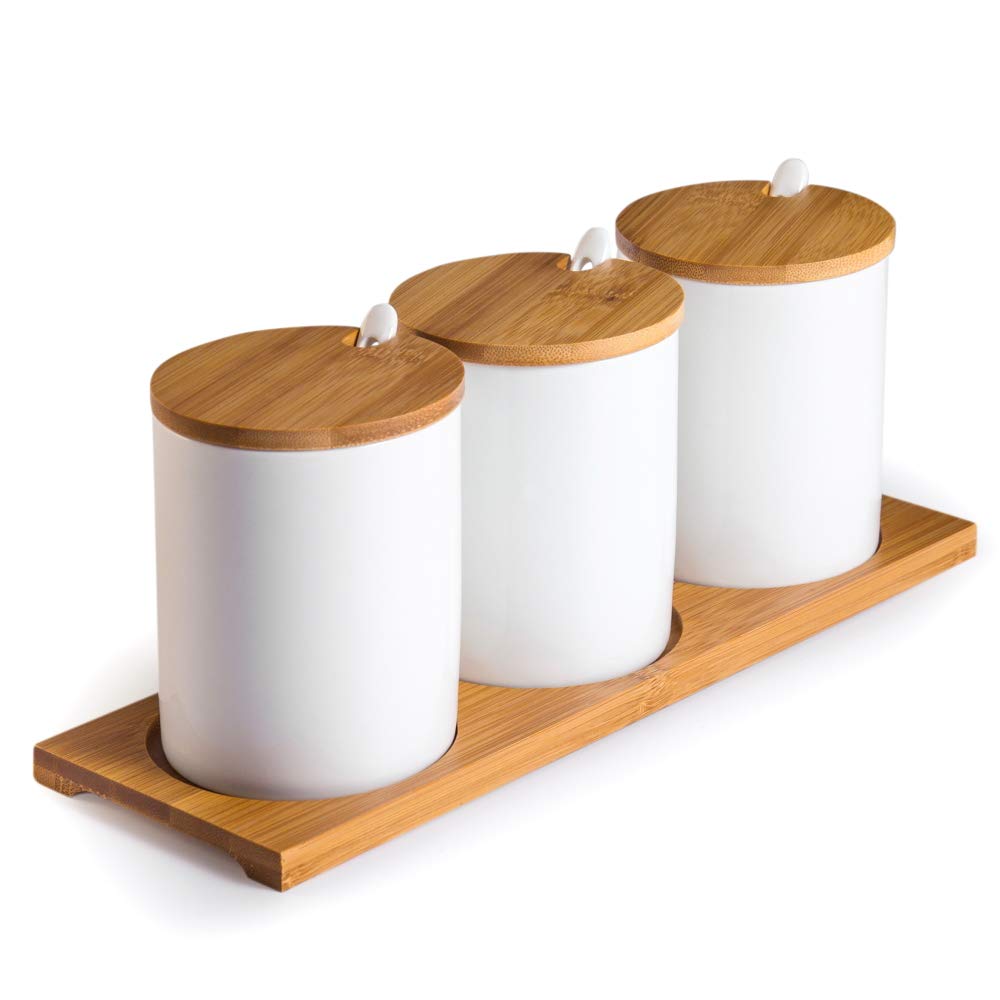 Lucky Goddness Ceramic Sugar Bowls with Bamboo Lids and Spoons-June Sky Muti-Functional Round Condiment Jar for Home- Spice Storage Canister,10.8 oz 320 ML,3 Pcs Set