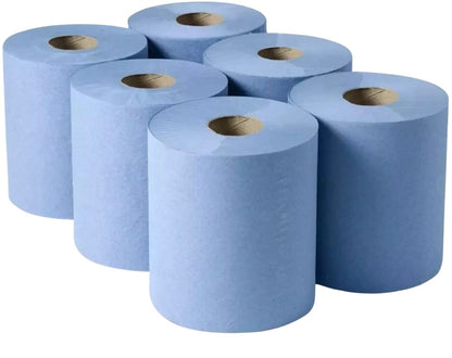 SOP-HARMA 6 x Blue Paper Rolls - 2 Ply Embossed Centre Feed - Hand Towel Tissue Rolls